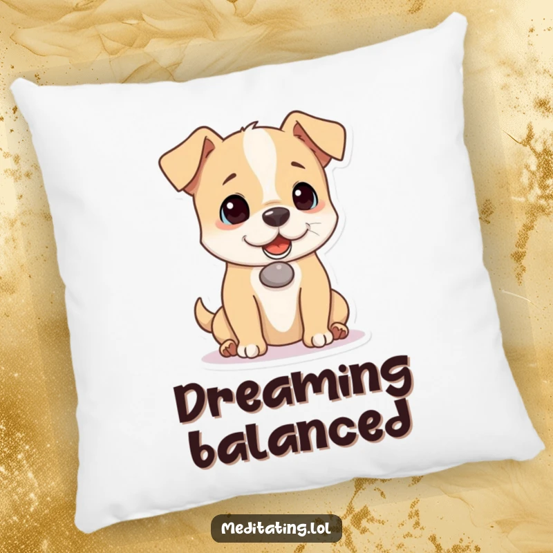 Funny dog pillow featuring a soft texture and a playful dog masterfully balancing a pebble on its nose, perfect for cozying up.