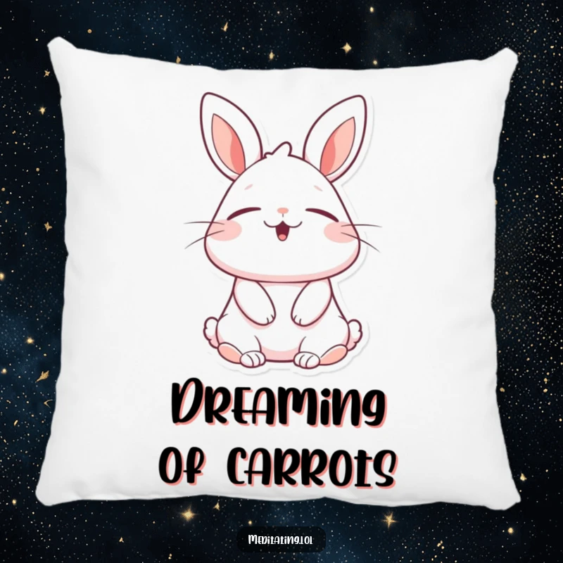 Funny rabbit pillow featuring a soft texture and a cheerful bunny with eyes closed, taking a deep, blissful breath, perfect for cozying up.