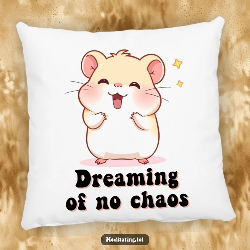 Funny hamster meditation pillow with a cheerful hamster gently wafting distractions, offering plush comfort and a humorous, serene feel.