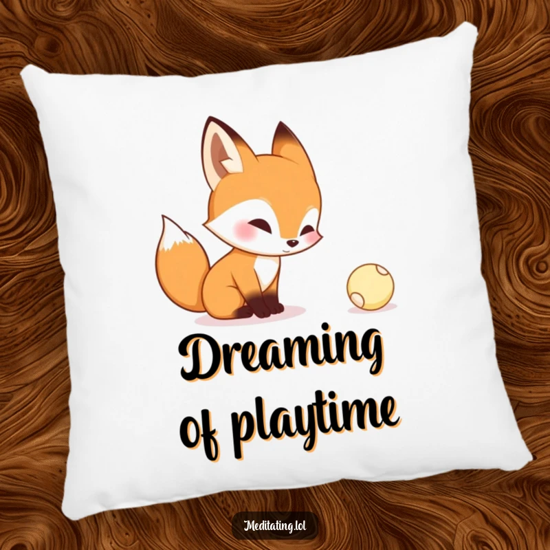 Funny pillow featuring a curious fox contemplating a tiny bouncing ball, perfect for cozying up with a smile.