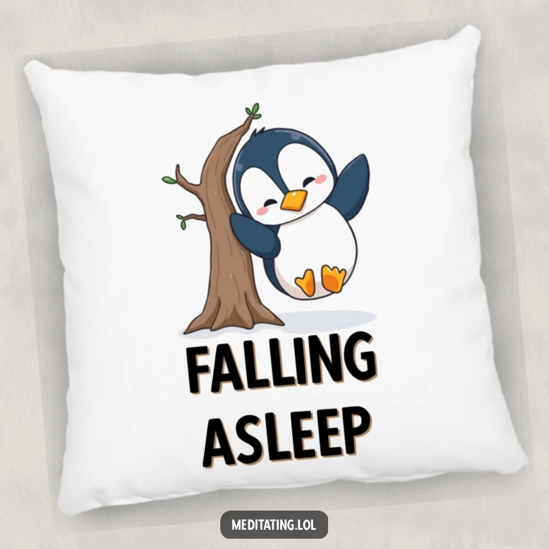 Funny penguin pillow featuring a soft texture and a silly penguin comically falling out of a wobbly tree pose, perfect for cozying up.