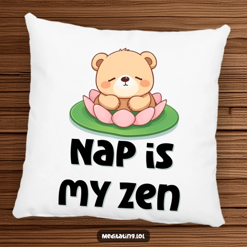 Funny bear cub pillow depicting a sleepy bear cub floating peacefully on a lily pad, offering comfort and tranquility.