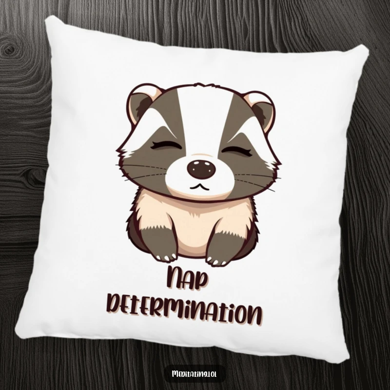 Funny pillow featuring a determined badger in a state of deep, calming breaths with closed eyes, promoting relaxation.