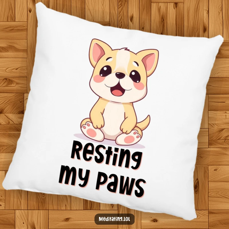 Funny Dog Wobbly Pose Pillow: A surprised dog in a comical, wobbly meditation pose, perfect for seating.