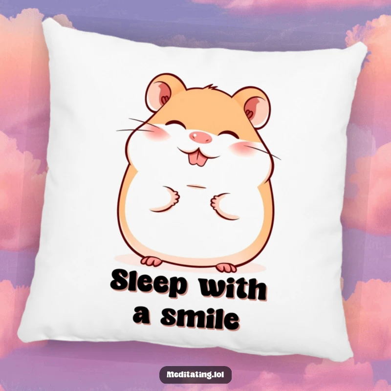 Funny pillow featuring a giggling hamster with a peaceful, happy smile, bringing cozy charm and cheerful vibes.