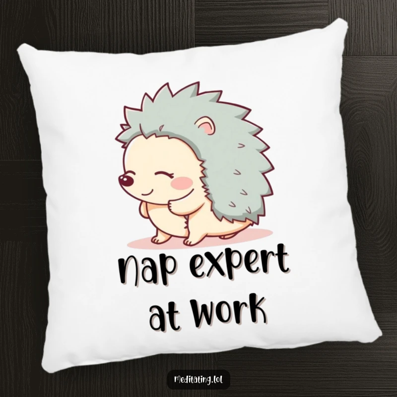 Funny pillow adorned with a giggling hedgehog swaying peacefully with closed eyes, offering comfort and cute humor.
