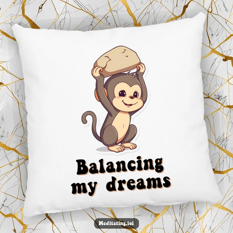 Funny mischievous monkey pillow, a plush cushion showing a primate balancing a rock on its head, adding humor to decor.