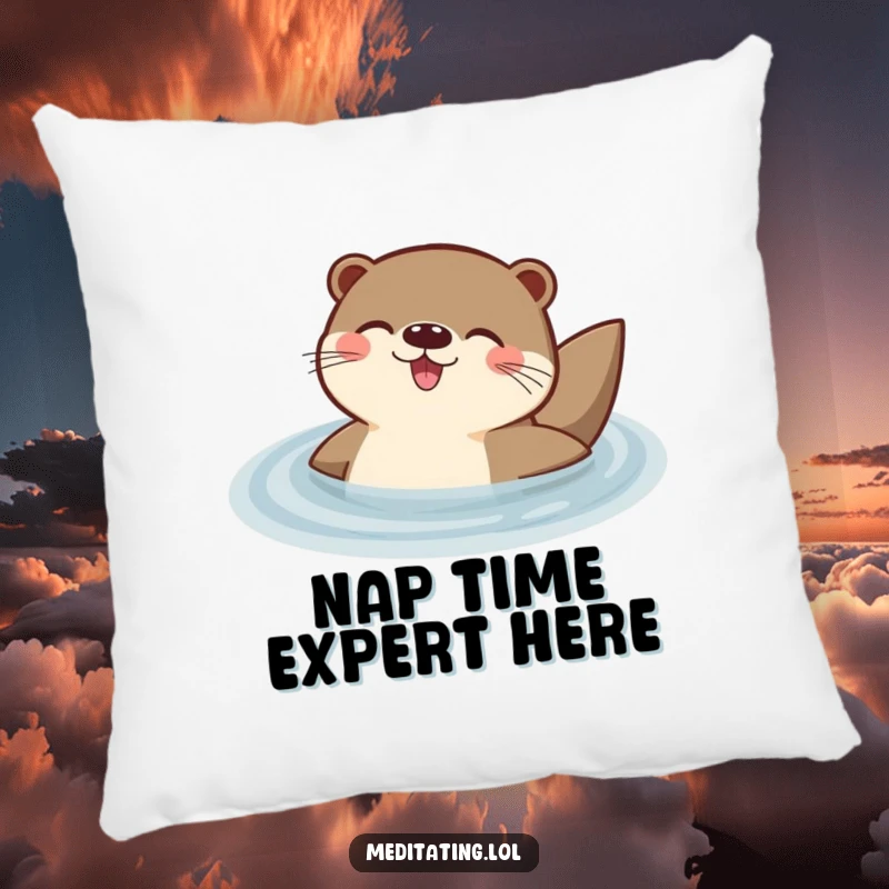 Funny pillow showcasing a delighted otter floating peacefully on its back in serene water, offering comfort and a touch of whimsy.