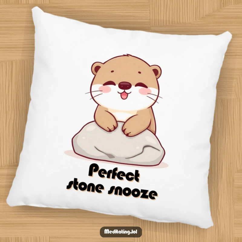 Funny Pillow featuring a happy otter resting on a smooth stone, providing comfort and a touch of cheerful, humorous charm.
