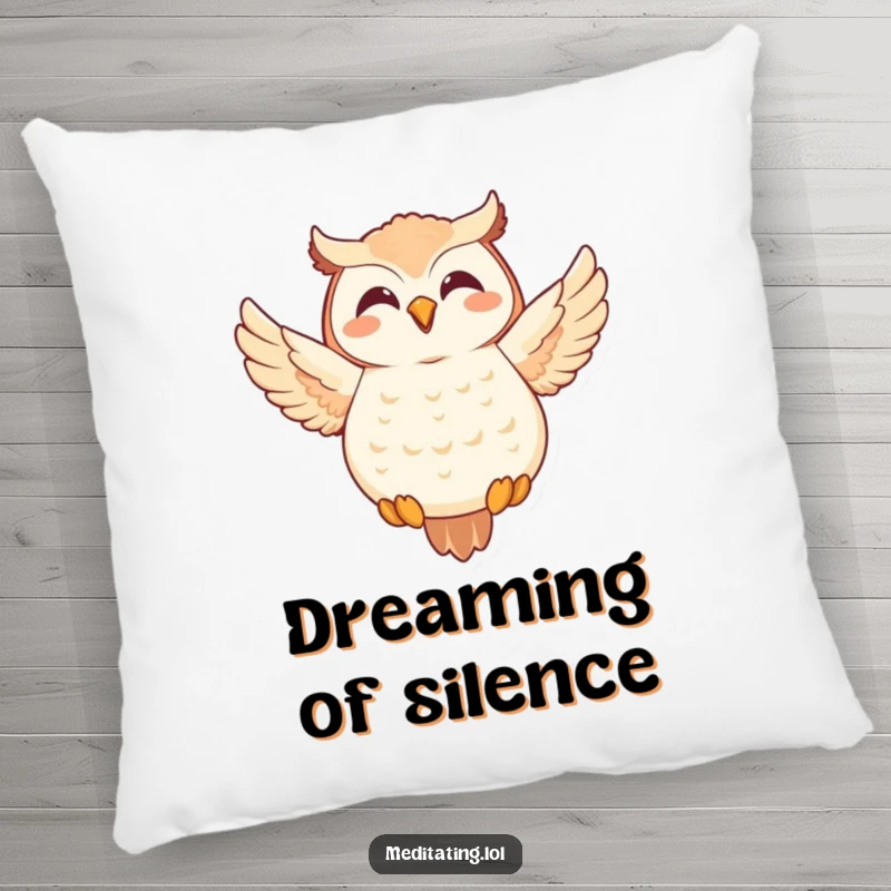 Funny Owl Pillow: A joyful owl in a meditative floating pose, offering comfort and humorous, peaceful vibes.