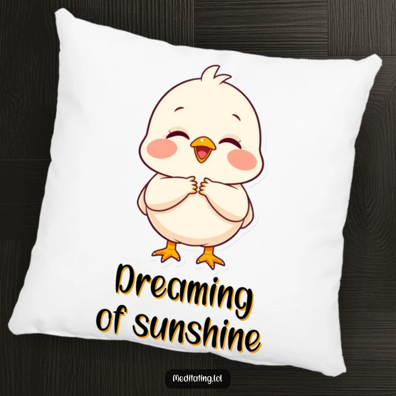 Funny chick pillow featuring a delighted chick with folded hands, embodying peace and gratitude.