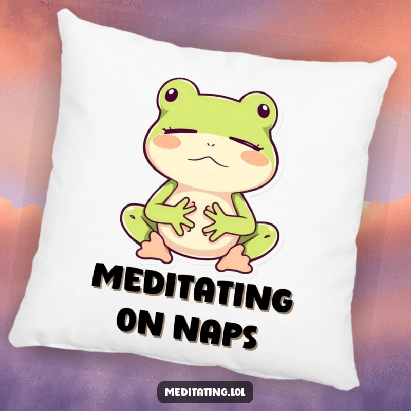 Funny pillow featuring a frog meditating peacefully while bouncing, offering comfort and a humorous zen theme.
