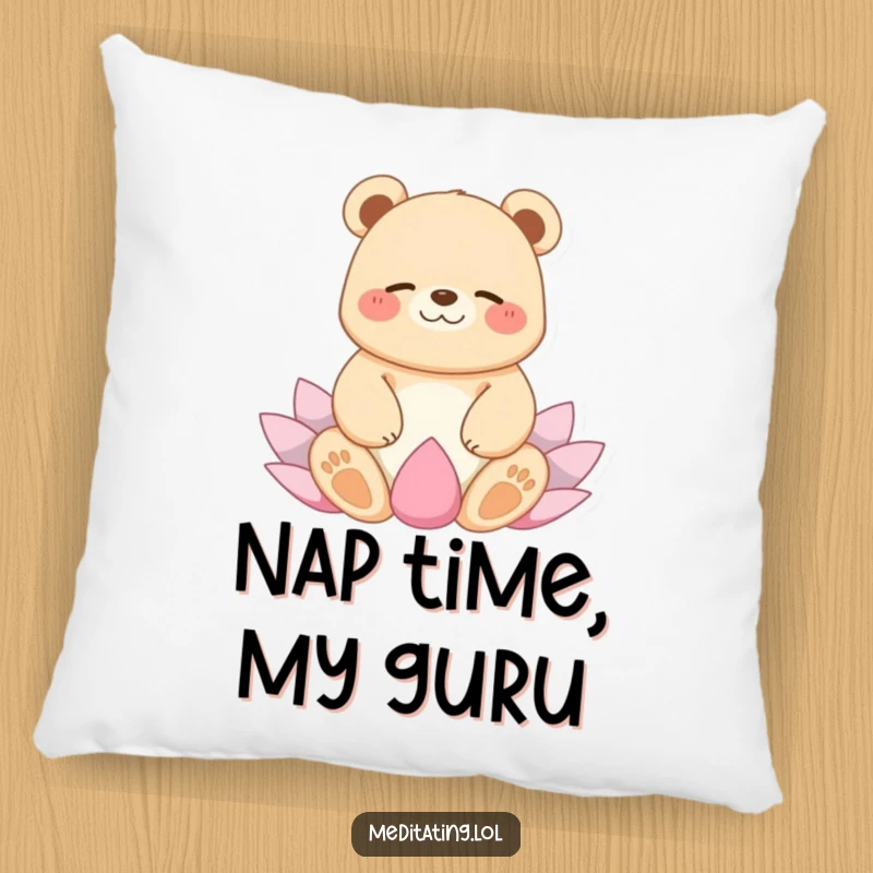 Funny pillow featuring a giggling bear in a peaceful lotus yoga pose, adding humorous comfort and zen to any room.