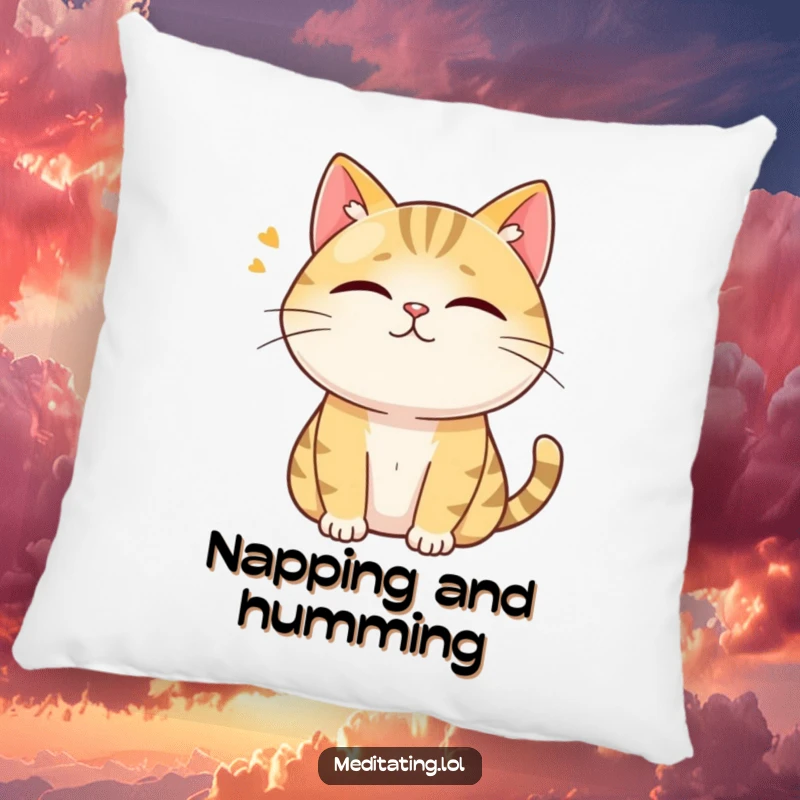 Funny pillow featuring a curious cat humming contentedly with closed eyes, offering humorous comfort and a peaceful vibe.