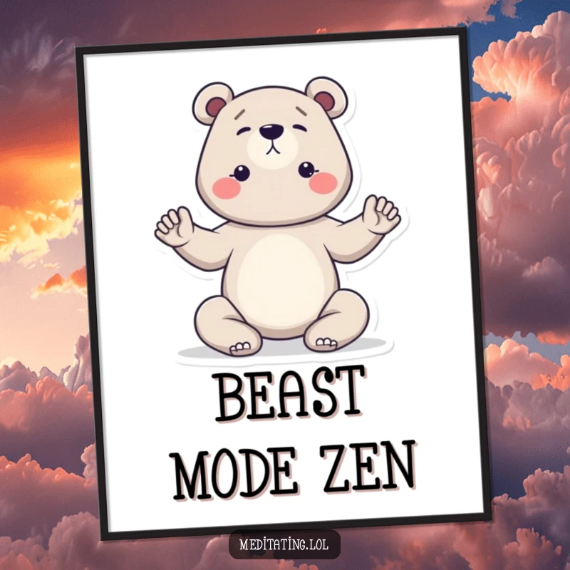 Funny bear yoga digital art print of a determined bear in a focused yoga pose, ideal for motivational decor and a humorous gift download.