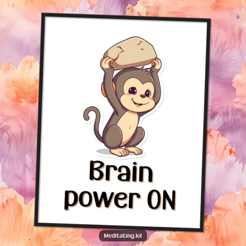 Funny mischievous monkey digital art print, showcasing a primate balancing a rock on its head, playful and humorous wall art.