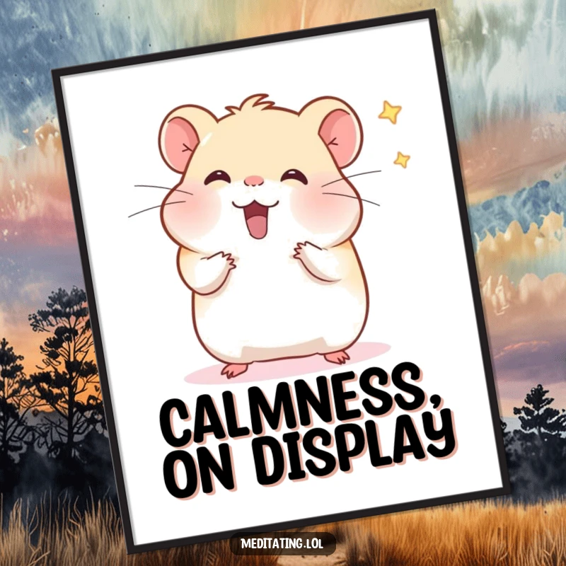 Funny hamster digital art print of a cheerful hamster meditating and wafting distractions, perfect for instant download wall decor.