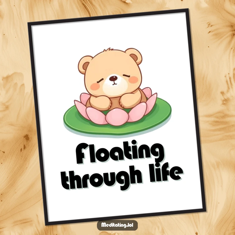 Funny bear cub digital art print of a small, round bear cub peacefully sleeping on a lily pad, embodying pure calm.