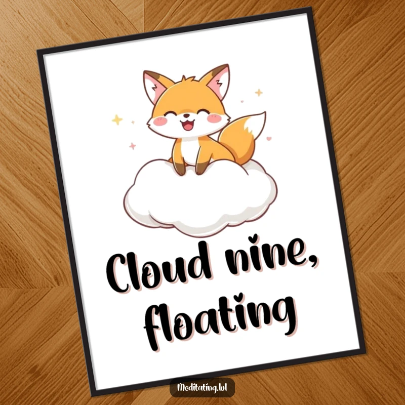 Funny Digital Art Print of a joyful fox blissfully floating on a cloud cushion, perfect for instant whimsical decor.