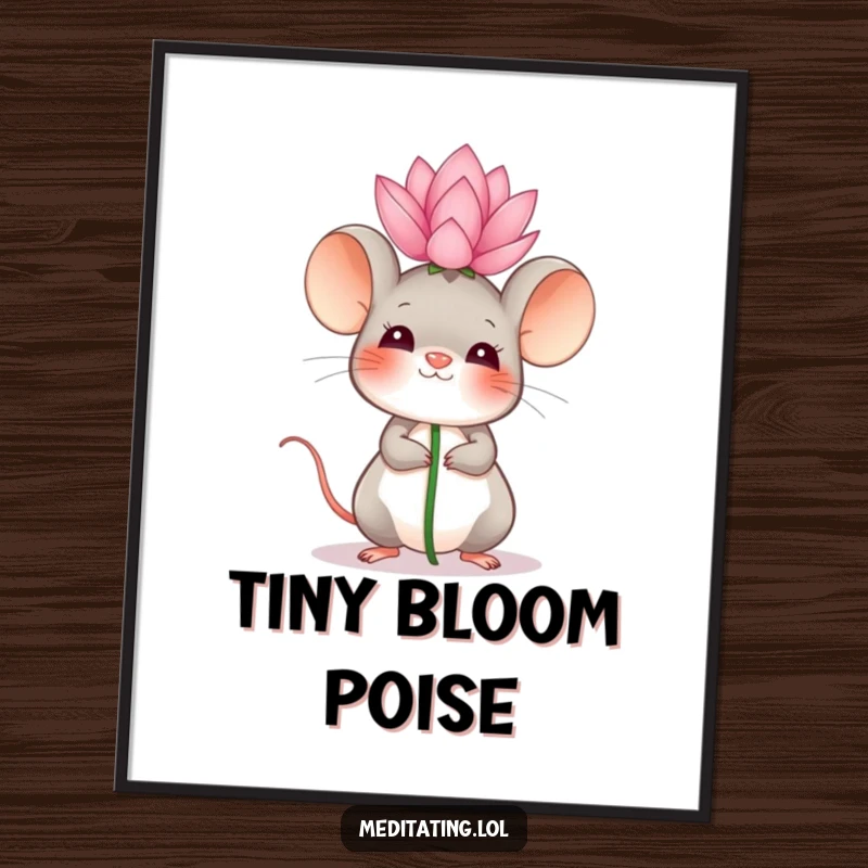 Funny Digital Art Print of a giggling mouse balancing a lotus flower, ideal for bringing peaceful, humorous decor.