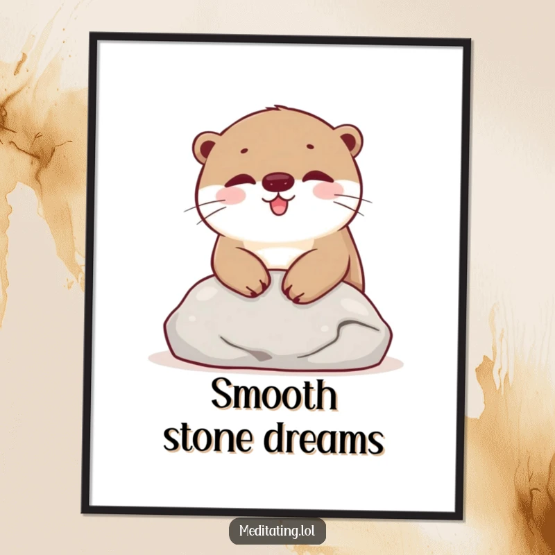 Funny Digital Art Print of a happy otter resting its head on a stone, ideal for bringing peaceful, humorous decor.