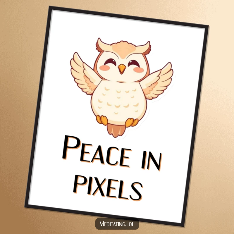 Funny Owl Digital Art Print: Joyful owl in a meditative floating pose, a humorous and serene piece for any space.