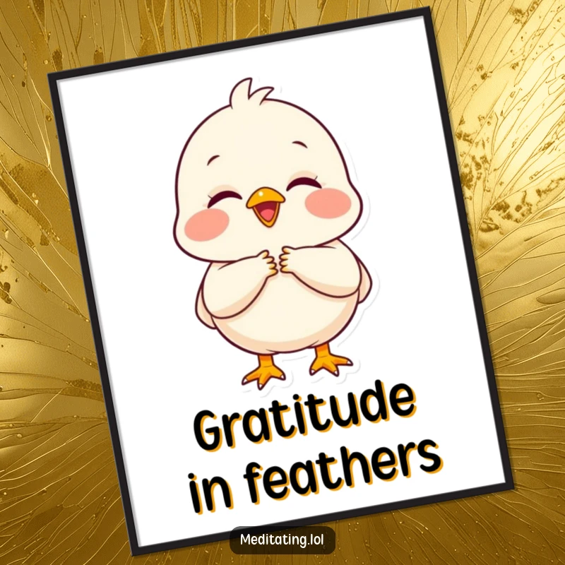 Funny chick digital art print of a delighted chick with folded hands, radiating peace and gratitude.