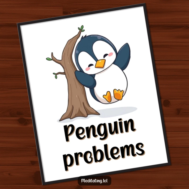 Funny penguin yoga digital art print of a silly penguin falling comically out of a tree pose, ideal for humorous wall decor and a funny gift.