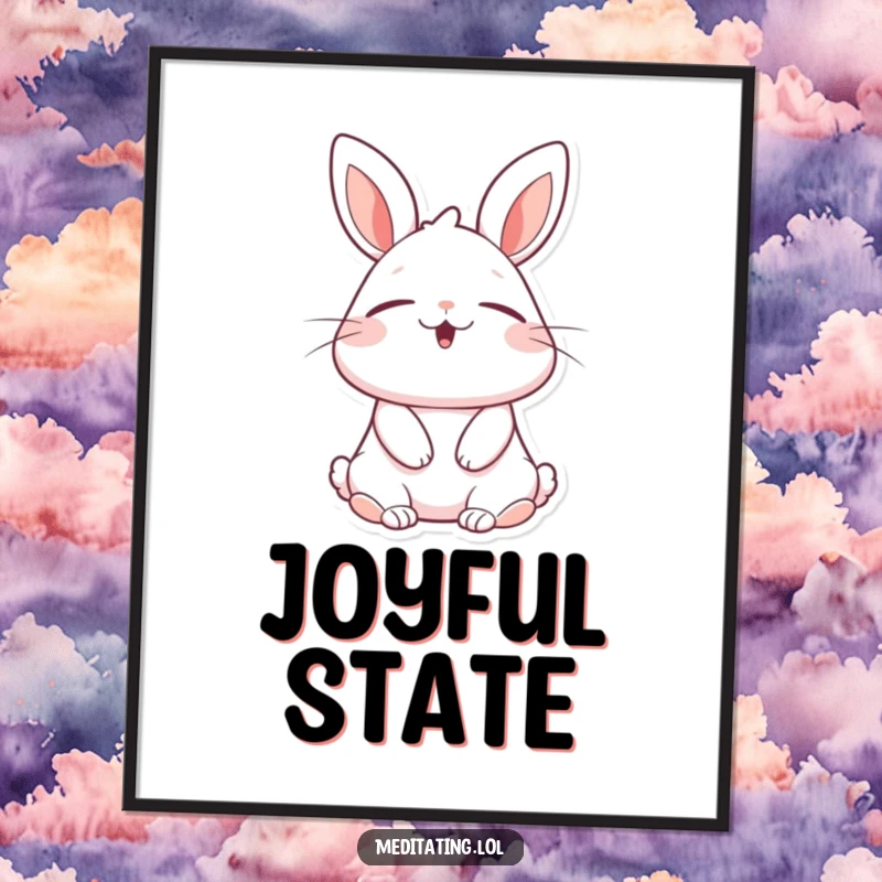 Funny rabbit digital art print of a cheerful bunny with eyes closed, taking a deep, blissful breath, ideal for calming decor and a humorous gift.