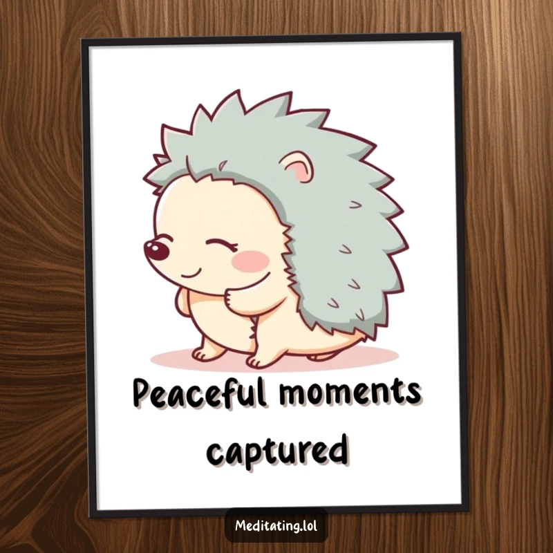 Funny digital art print of a giggling hedgehog swaying peacefully, eyes closed, perfect for charming and humorous wall decor.