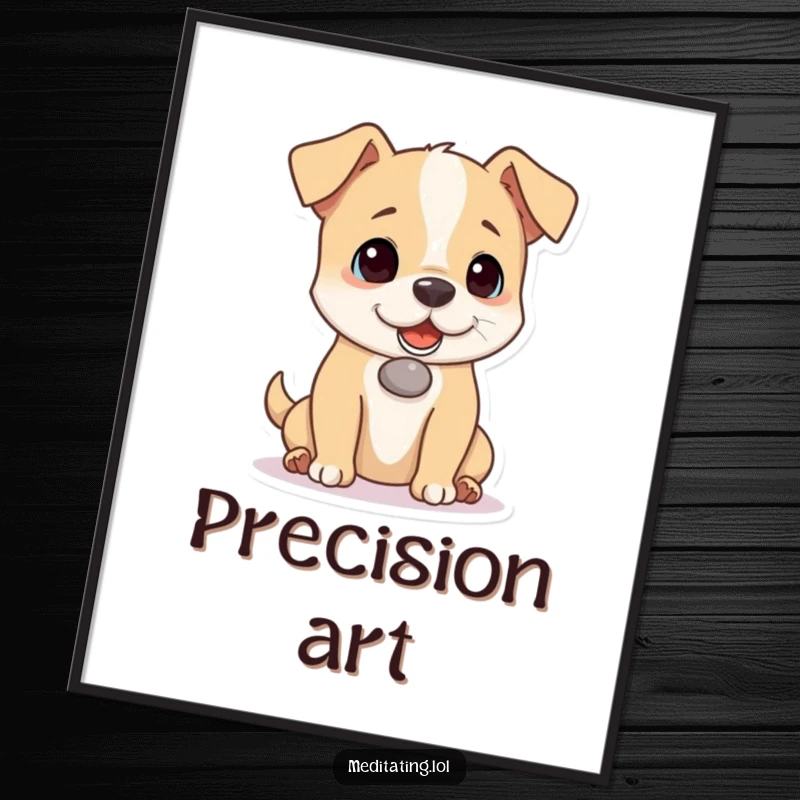 Funny dog digital art print of a playful canine balancing a tiny pebble on its nose, ideal for whimsical wall decor and a humorous gift.