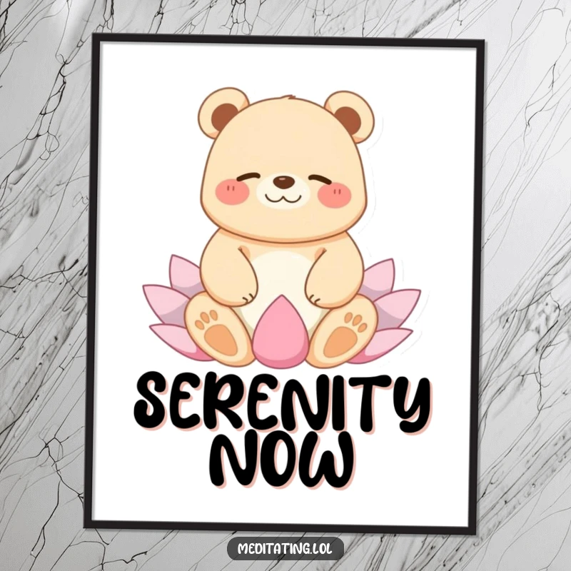 Funny digital art print of a giggling bear floating peacefully in a lotus yoga position, bringing humorous zen to decor.