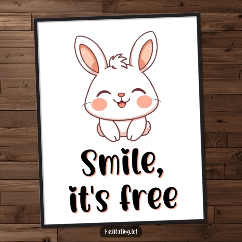 Funny digital art print of a serene rabbit with a peaceful smile and closed eyes, bringing humorous joy to any setting.