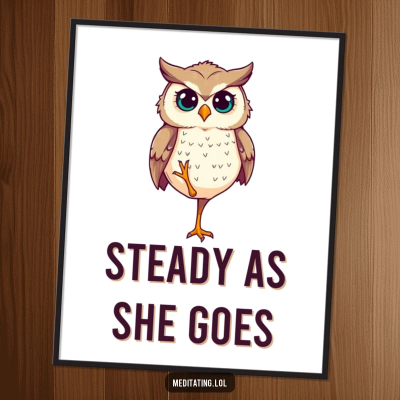 Funny Digital Art Print: A determined owl stands perfectly balanced on one leg, radiating wisdom and humor.