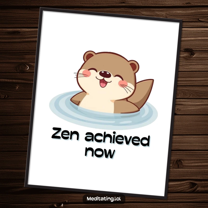 Funny digital art print of a delighted otter floating peacefully on its back in tranquil water, conveying joy and serenity.