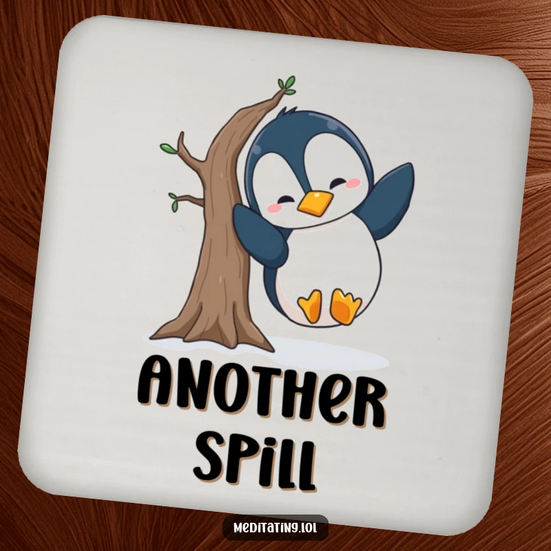 Funny penguin yoga coasters, set of drink coasters, showing a silly penguin falling over during a tree pose, adding character and humor.