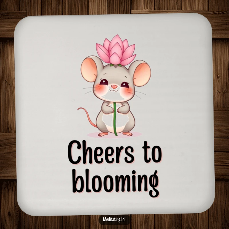 Funny Drink Coaster featuring a giggling mouse balancing a lotus flower, adding a humorous and peaceful touch to surface protection.