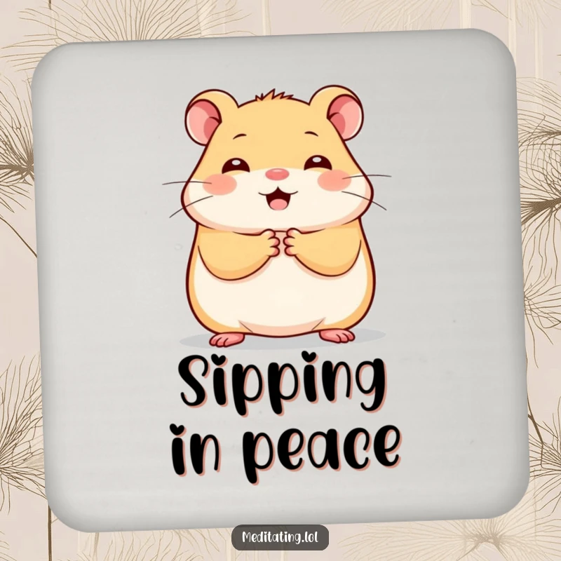 Funny cheerful hamster drink coasters, depicting a hamster holding paws together in stillness, adding adorable humor to tabletops.