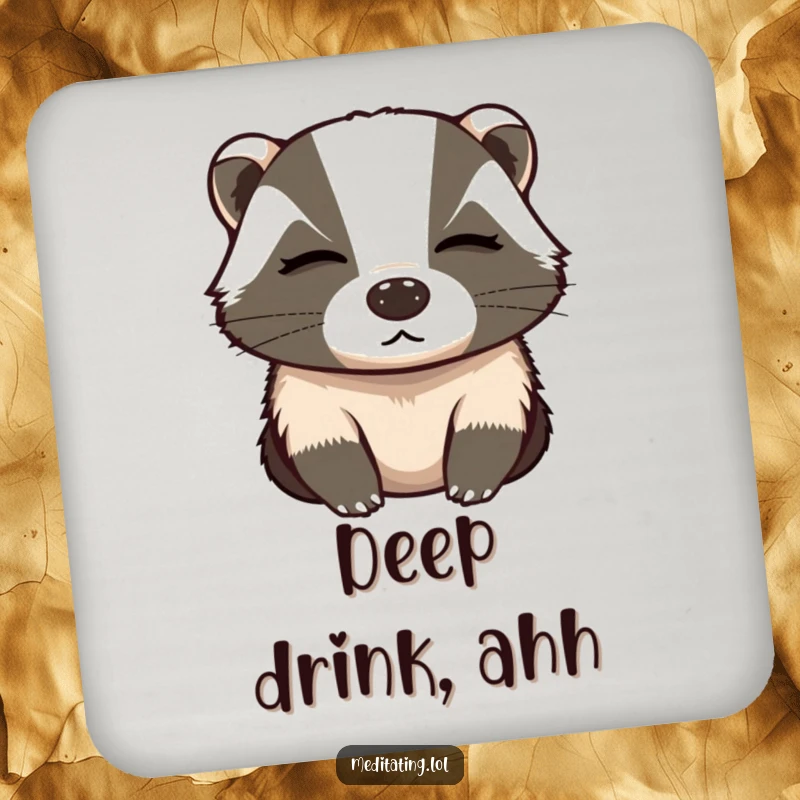 Funny drink coasters showing a determined badger breathing deeply with closed eyes, promoting calm and focus.