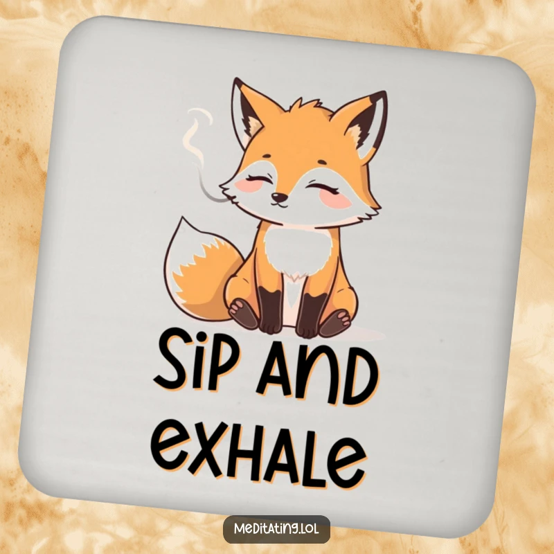 Funny drink coaster with a relaxed fox exhaling smoke, protecting surfaces with humorous flair.