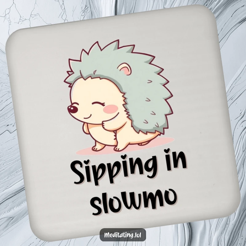 Funny drink coaster featuring a giggling hedgehog swaying with closed eyes, adding a touch of happy humor to your table.