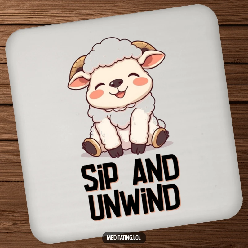 Funny drink coaster with a giggling sheep in a relaxed, amusing pose, protecting surfaces with a smile.