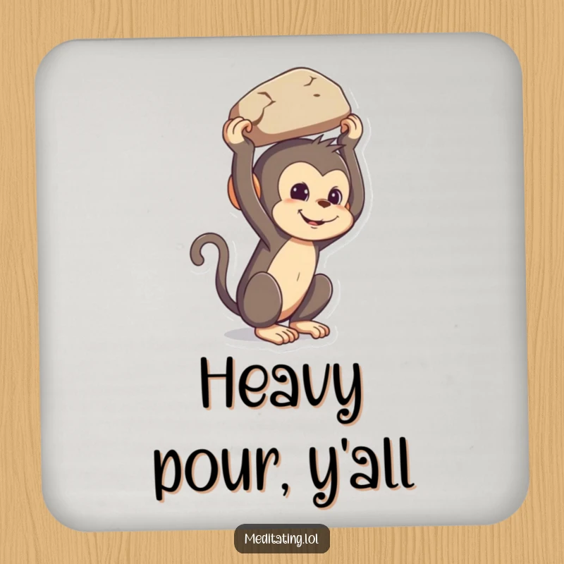 Funny mischievous monkey drink coasters, depicting a primate balancing a rock on its head, adding humor to tabletops.