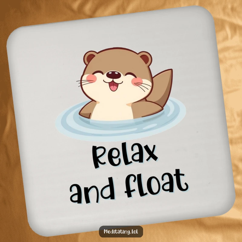 Funny drink coaster featuring a delighted otter floating peacefully on its back in water, adding humor to any beverage.