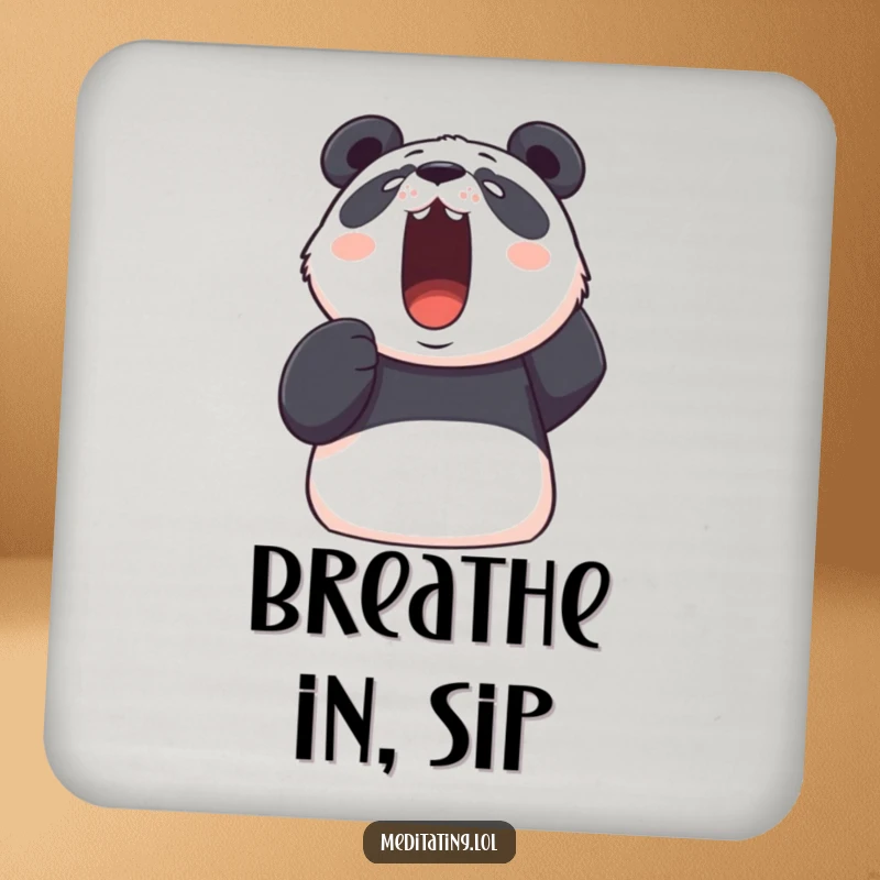Funny panda coaster showing a determined panda taking a deep, visible breath upwards, humorously protecting surfaces with calm.