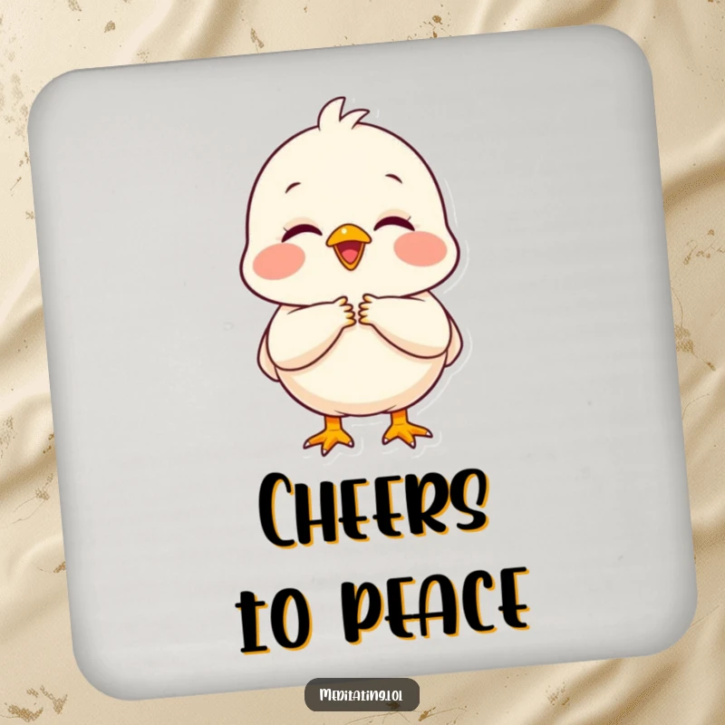 Funny chick coaster featuring a delighted chick with folded hands, adding a peaceful and humorous touch.