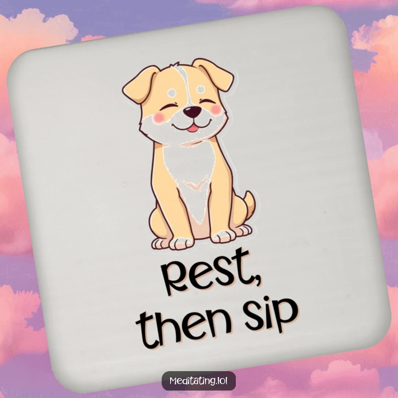 Funny dog coaster featuring a proud dog sitting upright with eyes closed, adding a peaceful and humorous touch.
