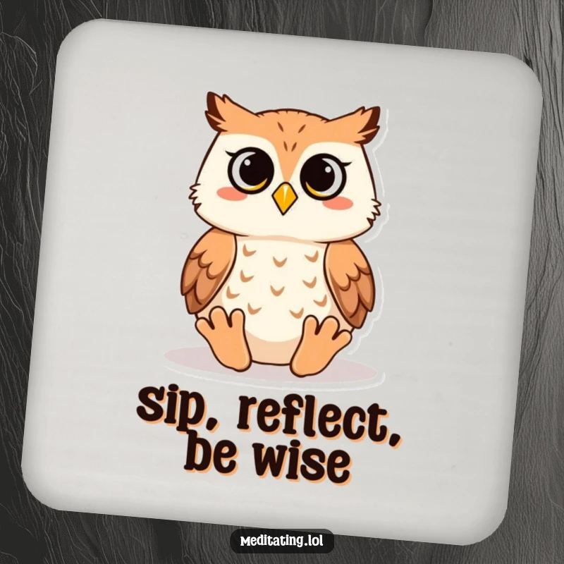 Funny owl drink coasters showcasing a wise owl meditating, offering protection for surfaces with a humorous and peaceful aesthetic touch.