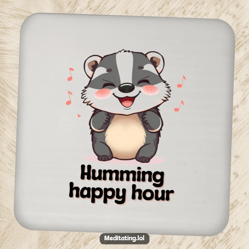 Funny Drink Coaster featuring a grinning badger humming a tune, adding a humorous and musical touch to surface protection.