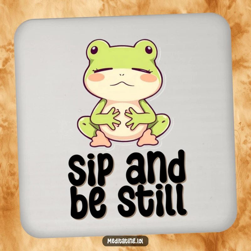 Funny drink coaster featuring a frog meditating peacefully while bouncing, adding humor to surface protection.